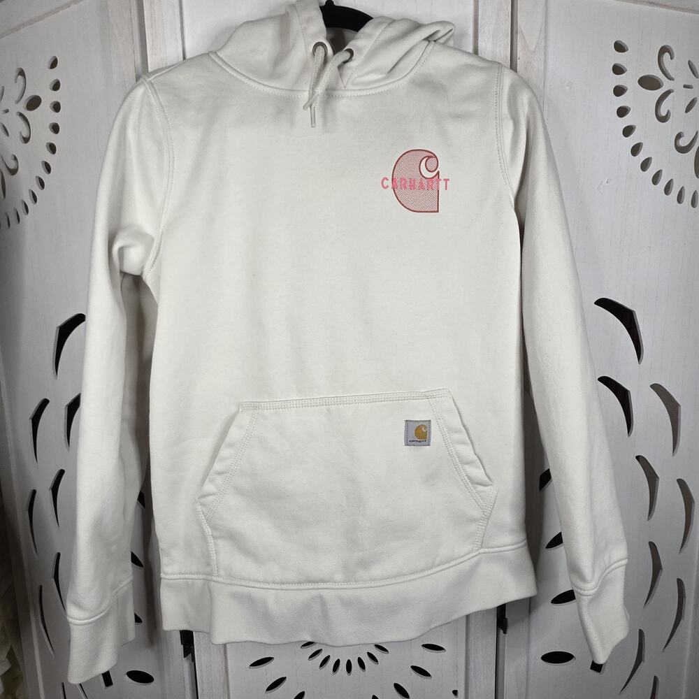 Carhartt Women’s Rain Defender Workwear Hoodie Ivory & Pink Logo Size S (4-6)